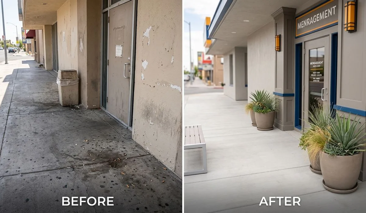 Before/after of grimy vs clean commercial sidewalk entrance