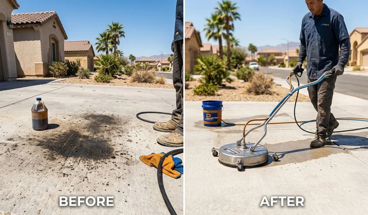 Before/after of oil stain removal on a driveway