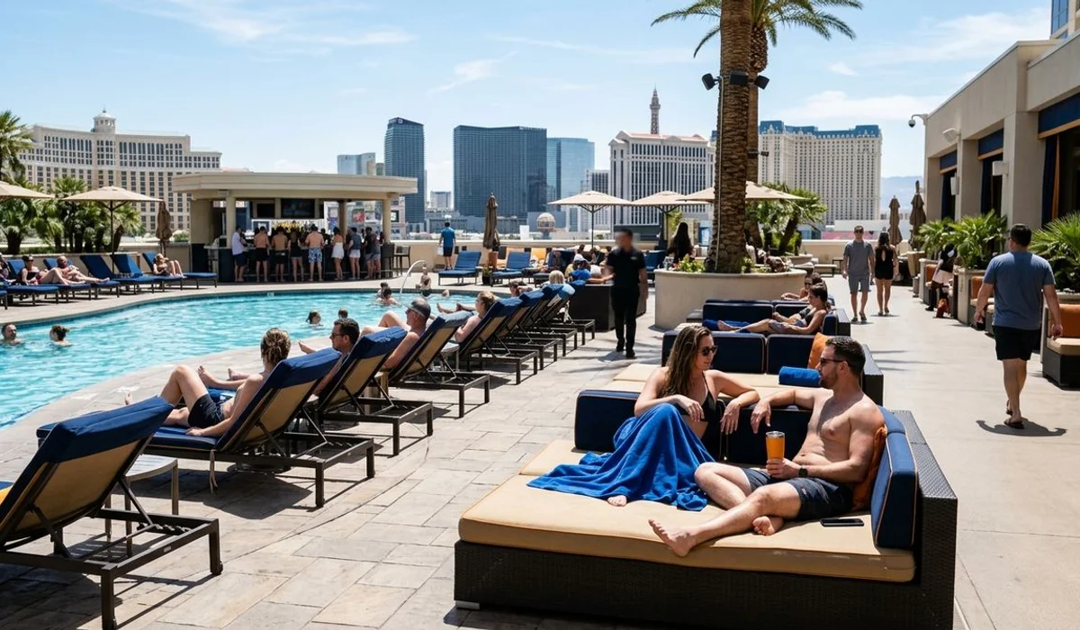 Clean hotel pool deck and lounge area