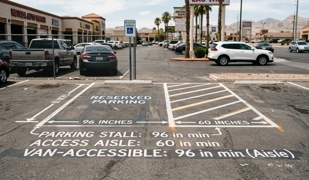 Diagram of ADA stall dimensions and access aisle, brand colors