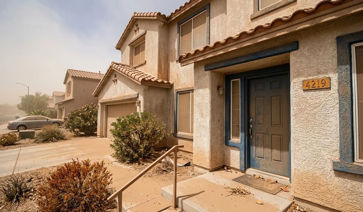 Dust-covered stucco home exterior after a summer haboob