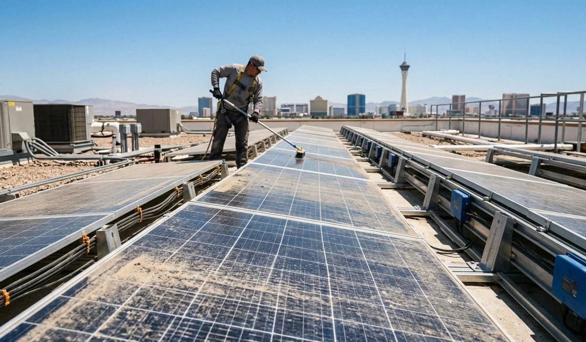Dust-covered rooftop solar panels in bright Las Vegas sun
