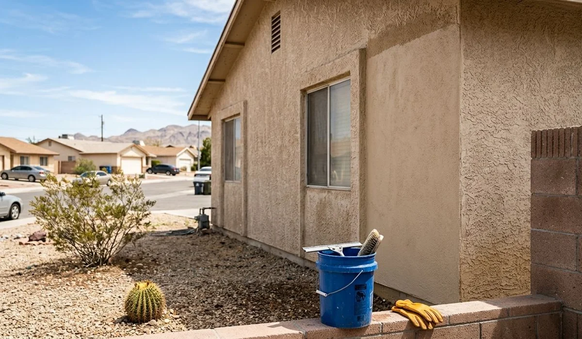 Dusty desert home exterior next to a freshly washed section
