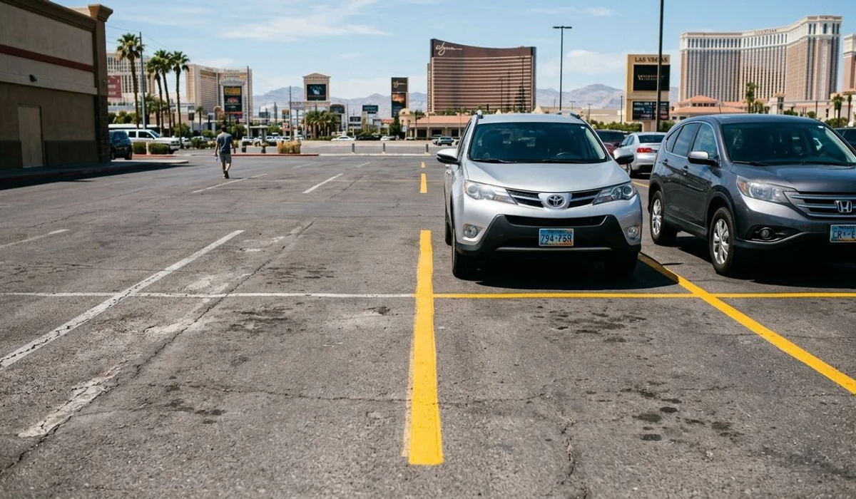 Faded parking lot lines next to freshly painted stalls, bright daylight