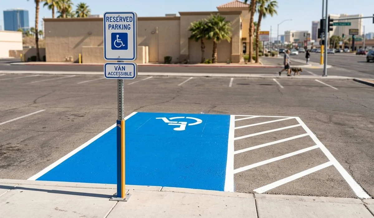 Freshly painted ADA accessible stall with access aisle and signage