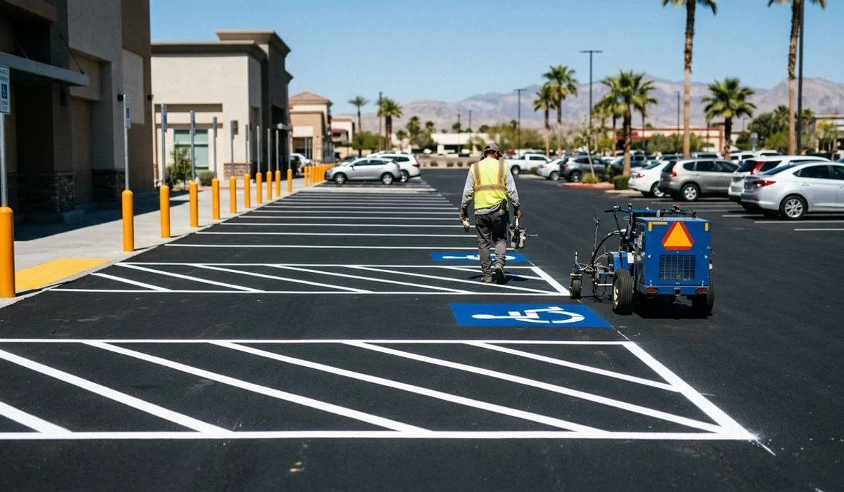 Freshly striped parking lot with crisp lines, bright daylight