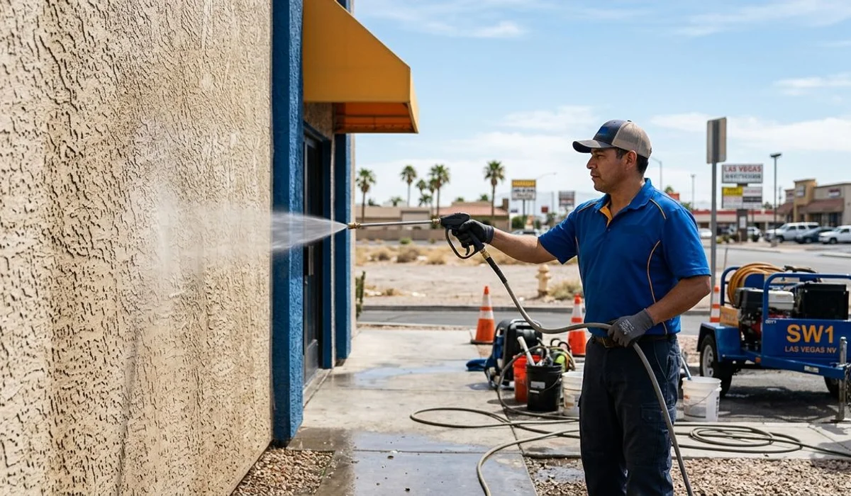 Gentle soft wash rinse on textured stucco wall