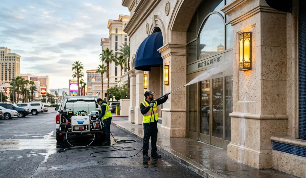 Pristine hotel entrance being soft washed at dawn, Las Vegas
