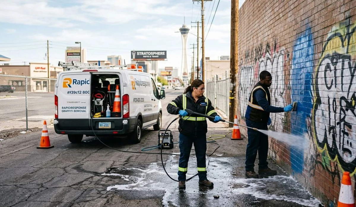 Rapid-response crew removing fresh graffiti early morning