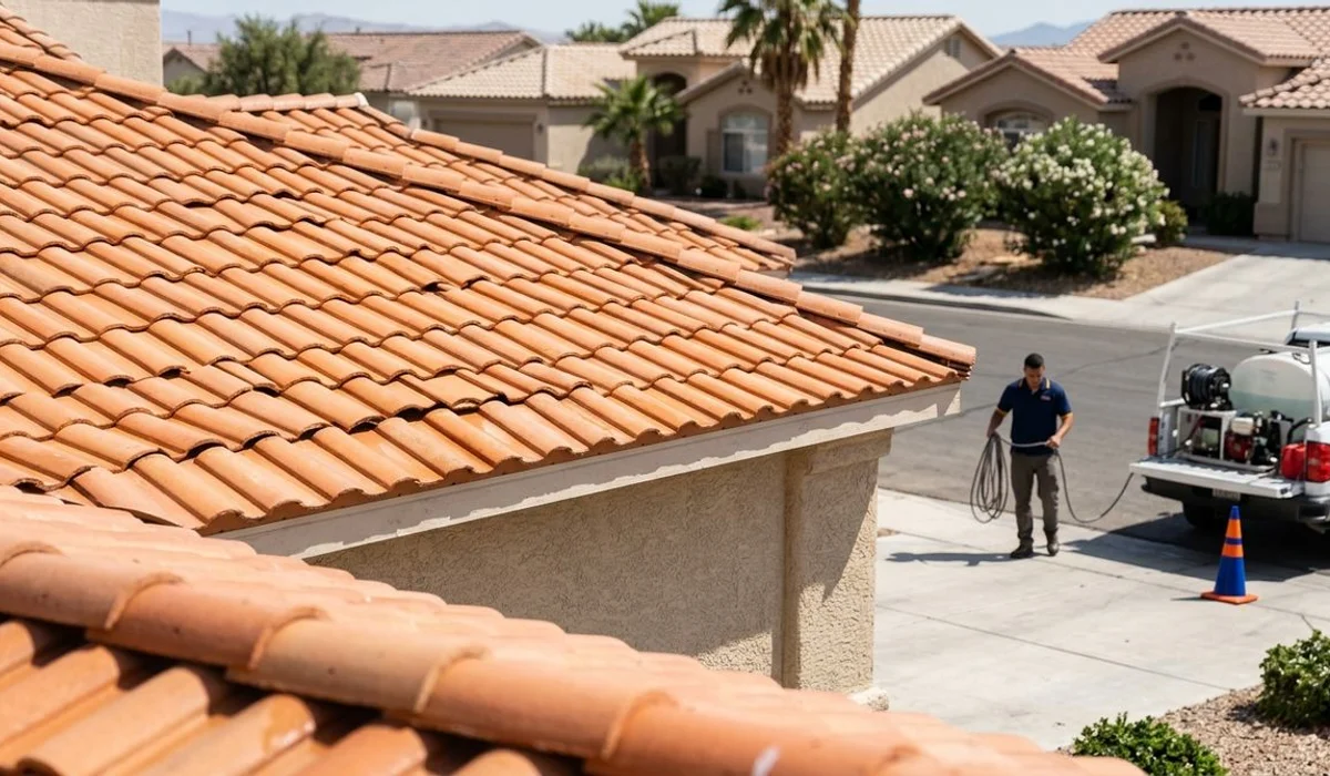 Recently soft-washed clean tile roof on a Las Vegas home