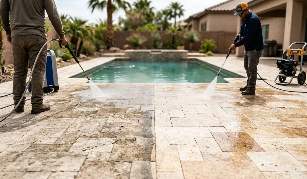 Side-by-side soft wash vs pressure wash on pool deck stone
