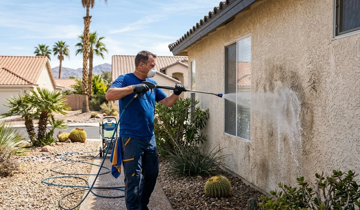 Soft washing a stucco home exterior with low-pressure nozzle, bright daylight