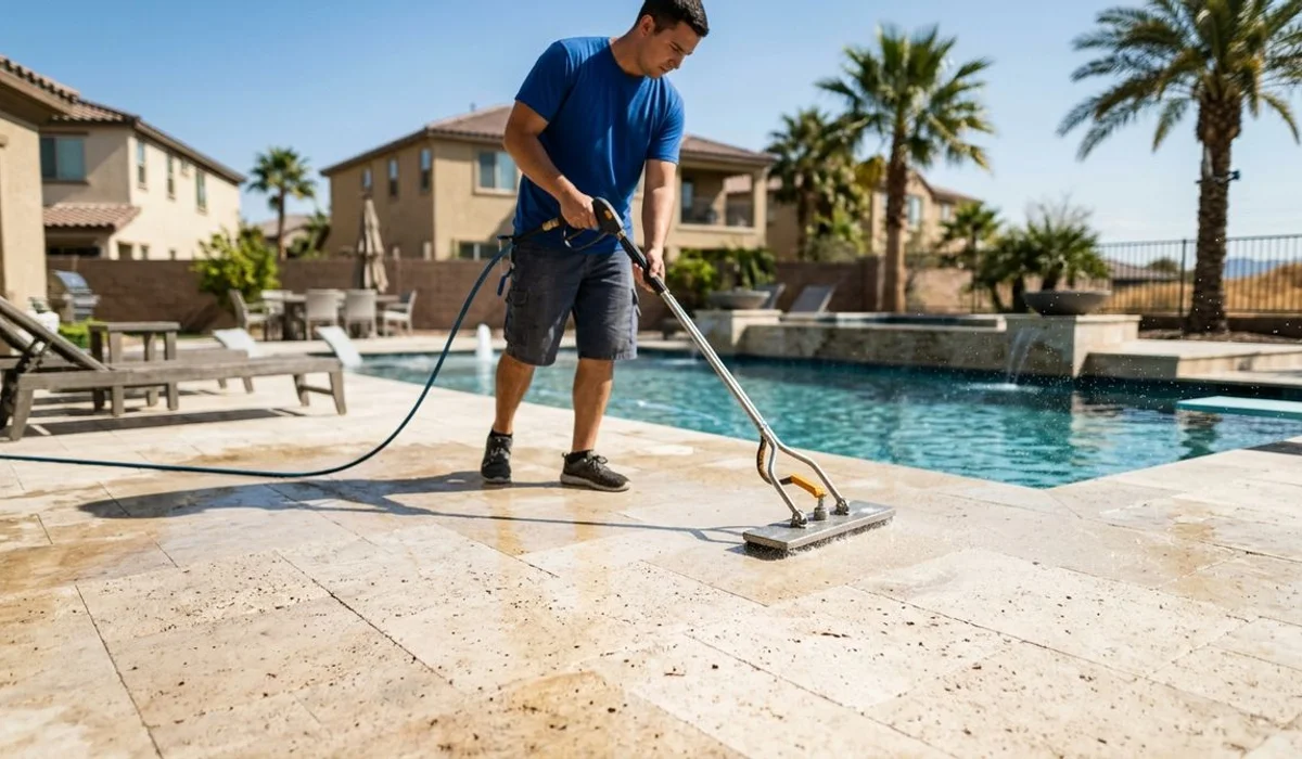 Soft washing a travertine pool deck, water beading