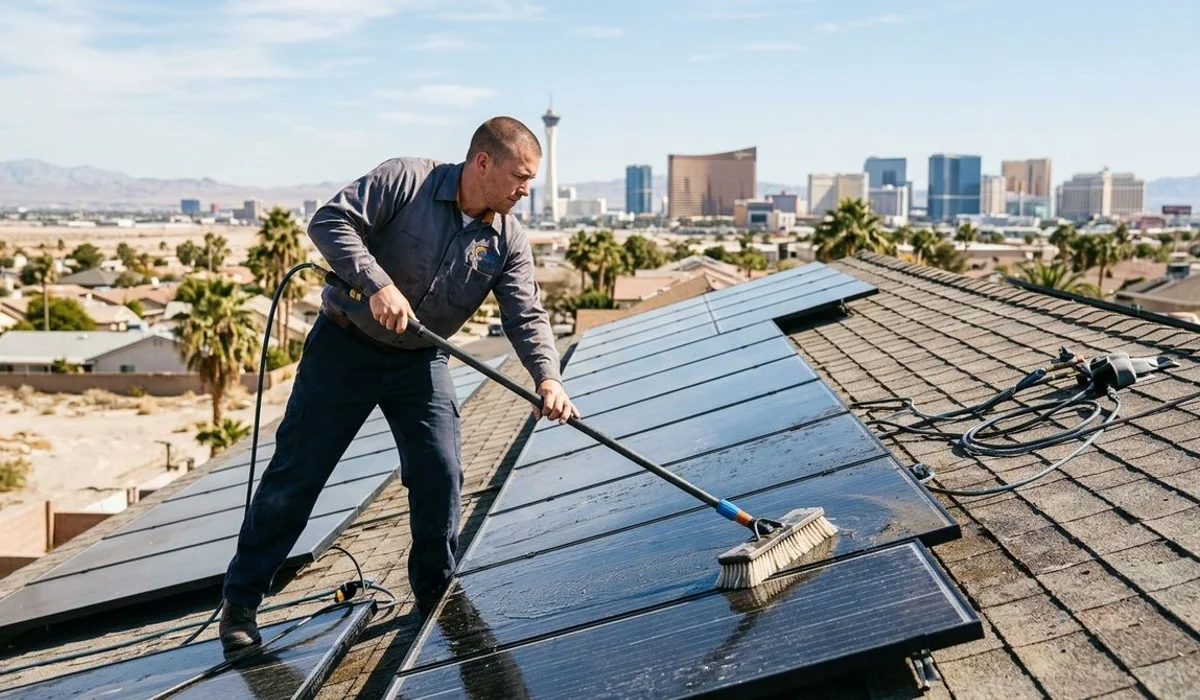 Soft-brush cleaning of solar panels with care on a roof