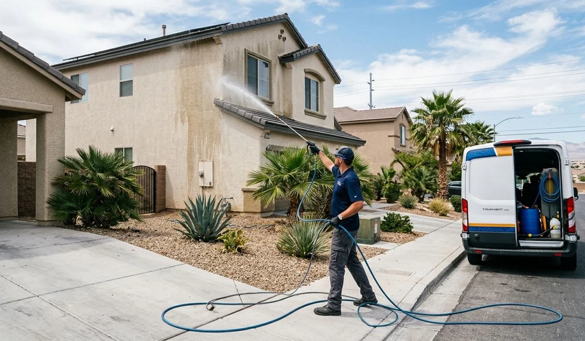 Soft-wash in progress on a two-story home