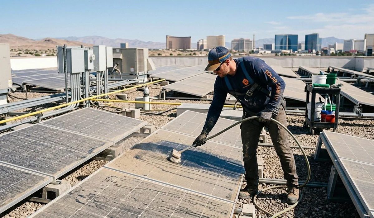 Technician cleaning rooftop panels after a dust storm
