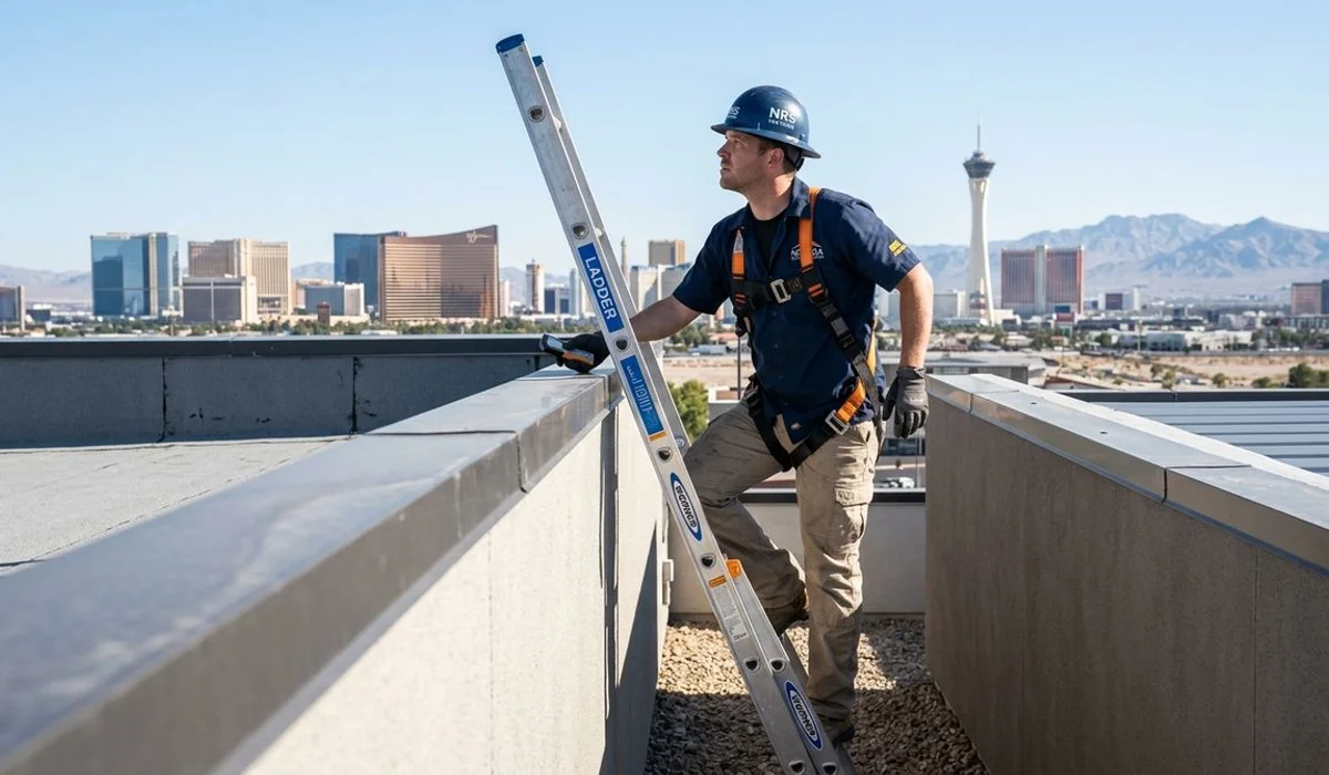 Technician inspecting a roof from a ladder