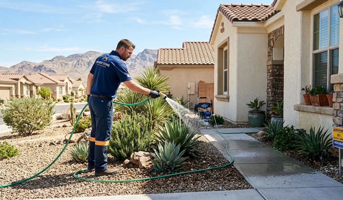 Technician pre-wetting desert landscaping before soft washing a home