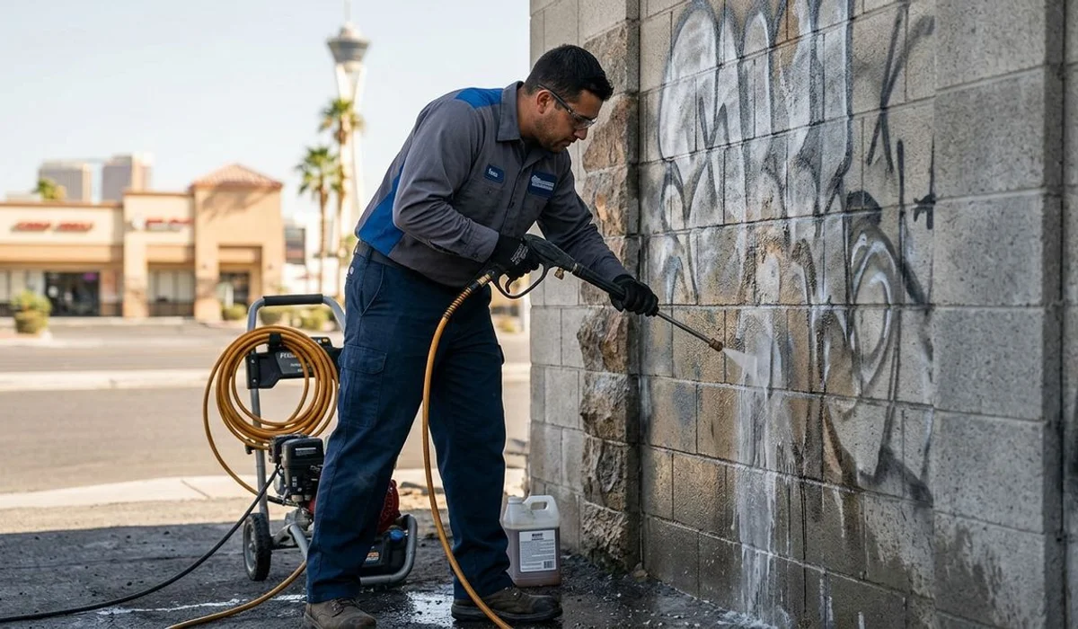 Technician removing spray-paint graffiti from a block wall