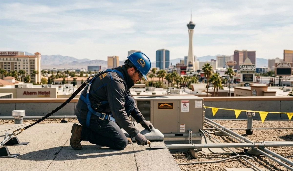 Technician using fall protection on a roof