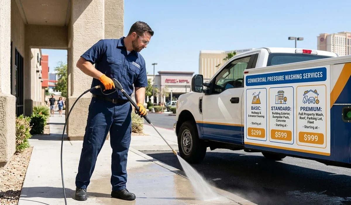 Tiered cost infographic for commercial pressure washing, navy and orange