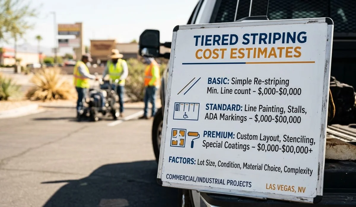 Tiered cost infographic for parking lot striping, navy and orange